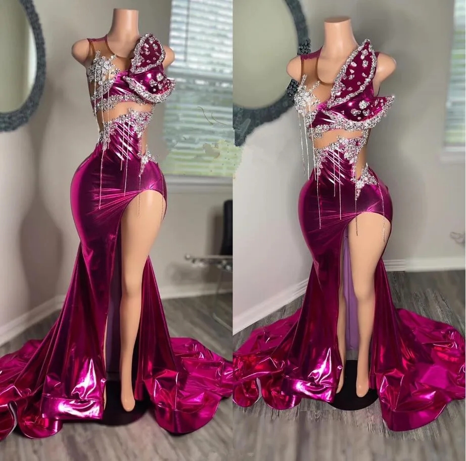 Mermaid Formal Fuia Prom Dress for African Women 2024 Sparkly Crystal Beaded Sexy Slit Vestidos De Festa Evening Gown Black Girl
