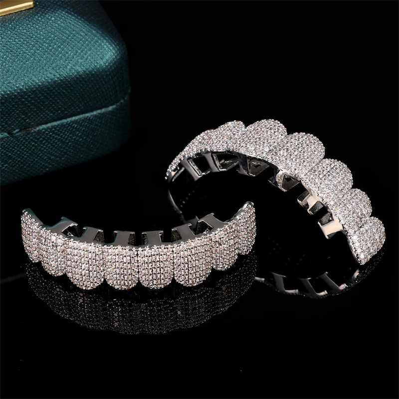 Hip Hop Full CZ Stones Teeth Caps Cubic Zircon Iced Out Micro Pave Top Bottom Charm Grills For Men Women Jewelry 231226