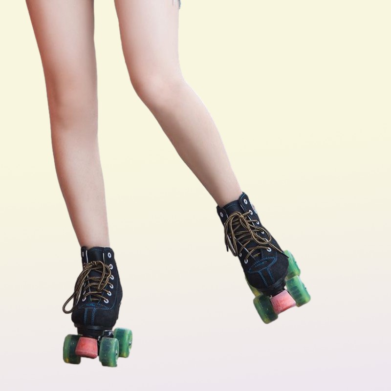 Leather Roller Skates Double Row Ladies Adult Two Rows 4 Rounds Shiny Shoes Inline