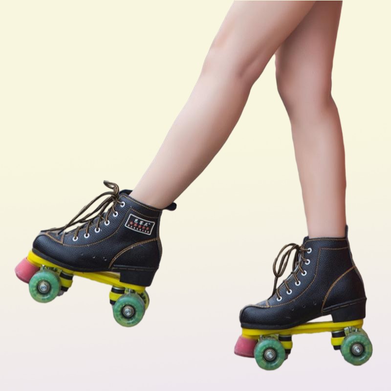 Leather Roller Skates Double Row Ladies Adult Two Rows 4 Rounds Shiny Shoes Inline