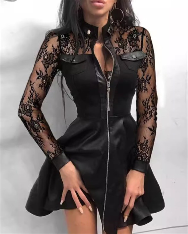 Women Sexy Lace Mini Party Dress Fashion Elegant PU Leather Zipper Pocket Autumn Casual Long Sleeve A-Line Vestidos Dresses