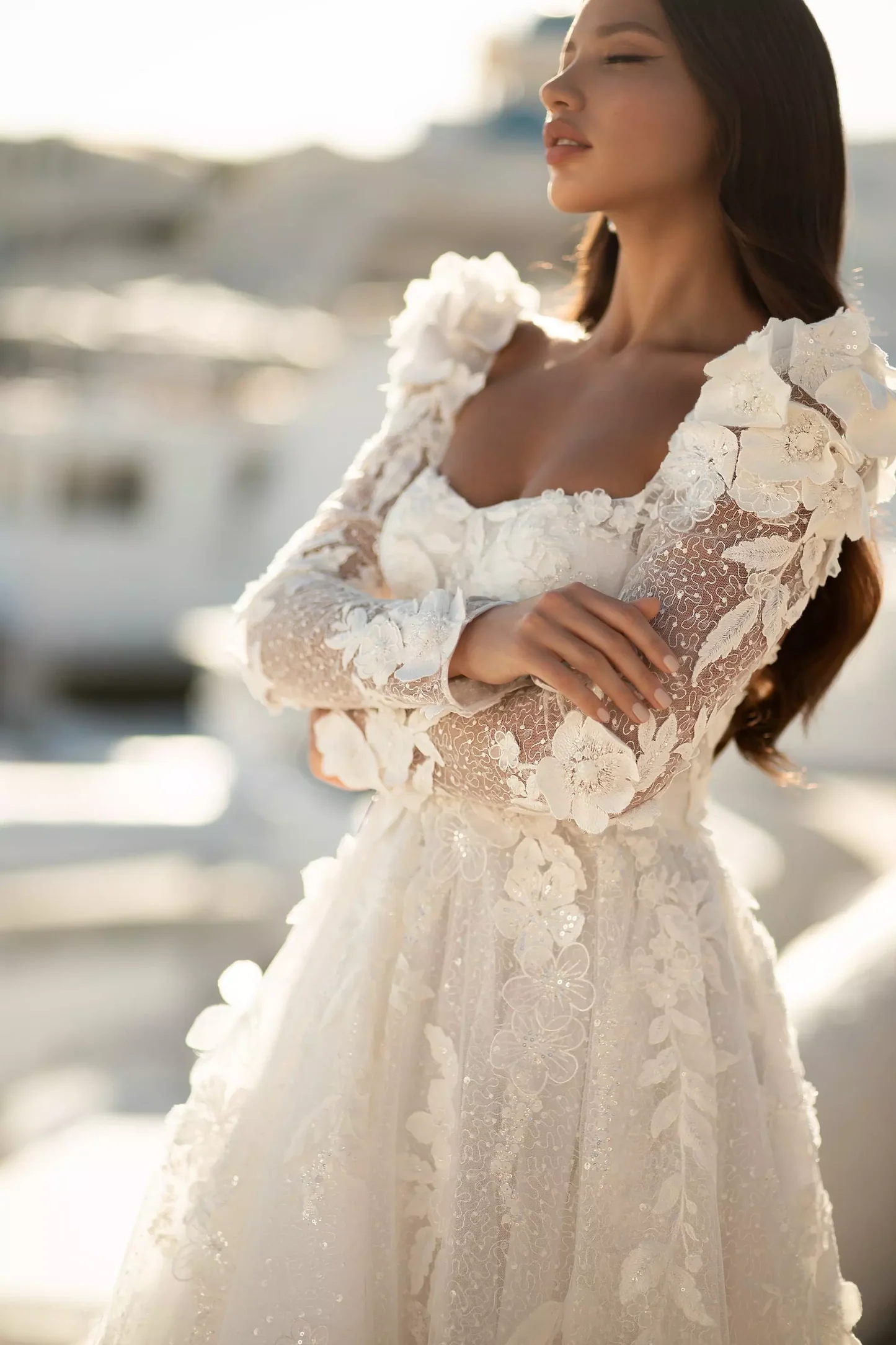 Vestido De Noiva A Line Wedding Dresses 2024 Square Neck Backless Bridal Dress with Long Sleeve Sequin 3D Flower Appliques Wedding Gown