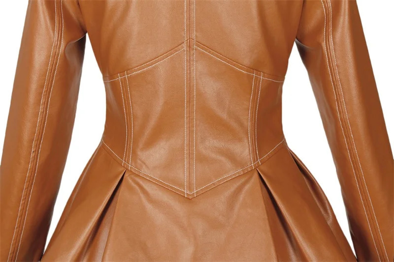 Women's Autumn Jacket Turn-Down Collar Full Sleeves High Waist Zippers Short PU Leather Coat Faux Leather Corset Jacket 231226