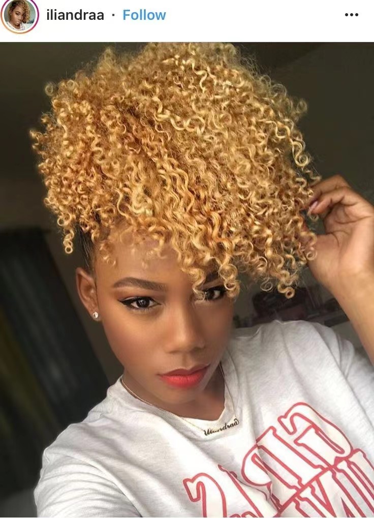 Virgin human blonde Afro Puff Drawstring Ponytail Extension for Black Women, Short Afro Puff Ponytail for Natural Hair, Clip On Kinky Drawstring Curly