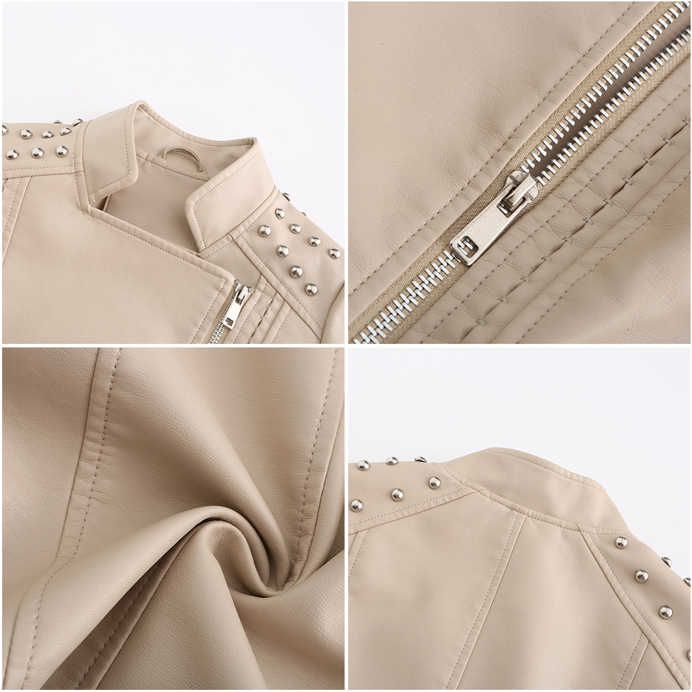 0C580M09 Women's Faux Leather Coats Spring and Autumn Jackets Slim Fit Thin Motorcycle Suit with DIY Accessories