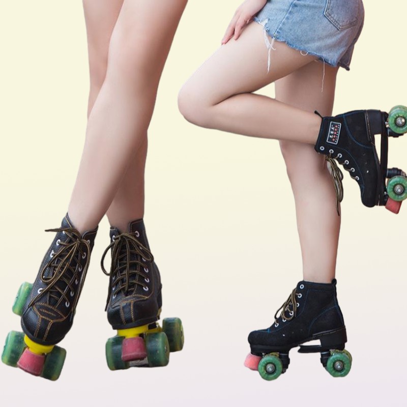Leather Roller Skates Double Row Ladies Adult Two Rows 4 Rounds Shiny Shoes Inline