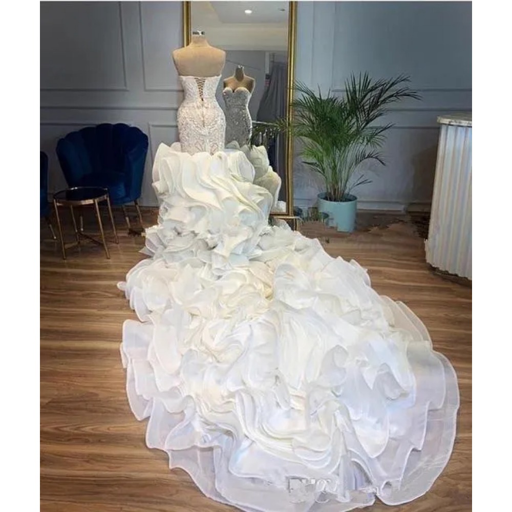 Stunningbride 2024 Cascading Ruffles Cathedral Train Mermaid Wedding Dresses Sweetheart Corset Back Beaded Work Arabic Church Plus Size Wedding Gowns