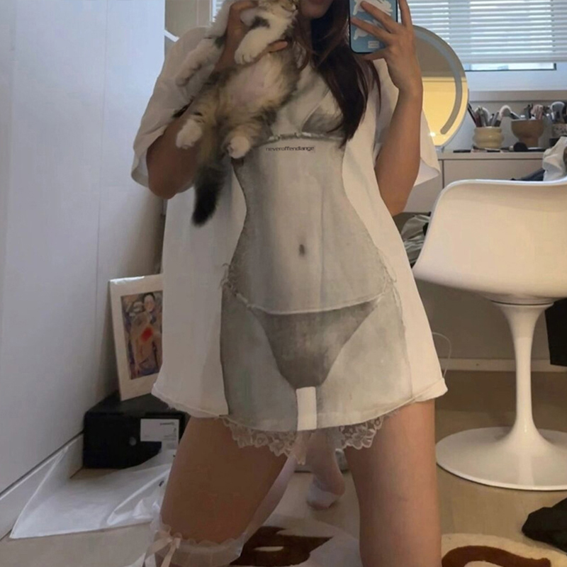 Women's T-Shirt Ladies Summer New Perspective Printed White T-shirt S M L H25215