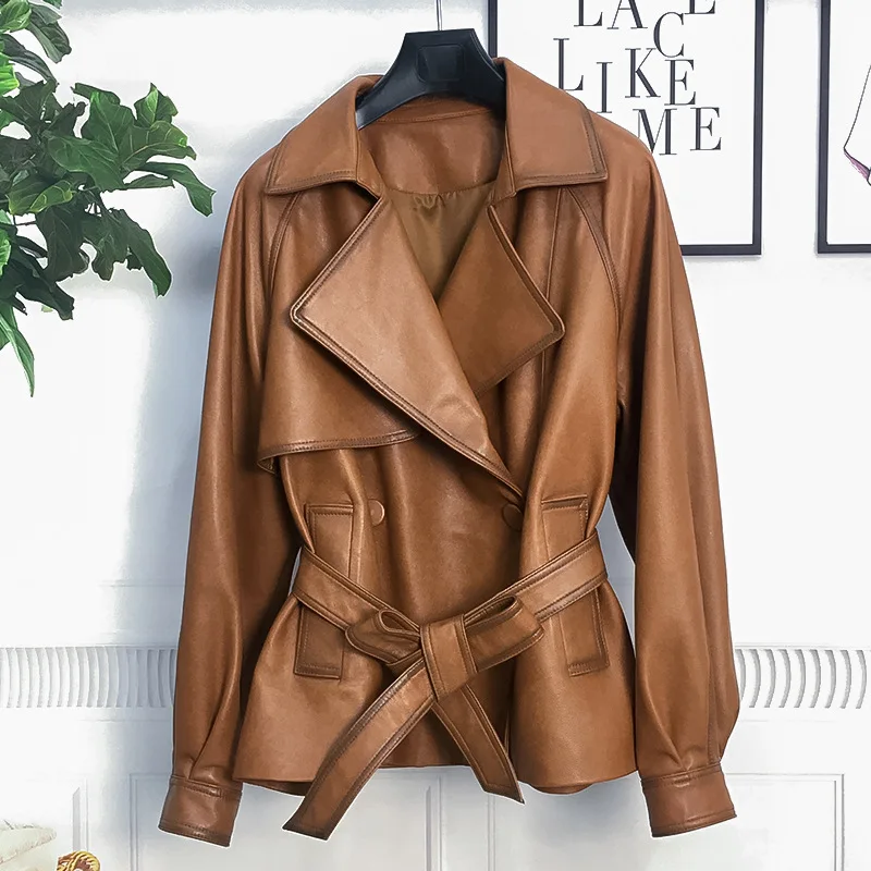 0C410M56 European and American Women's Coats Commuting Leather Clothing Autumn Winter Sheepskin Leather Jacket Belt Decoration