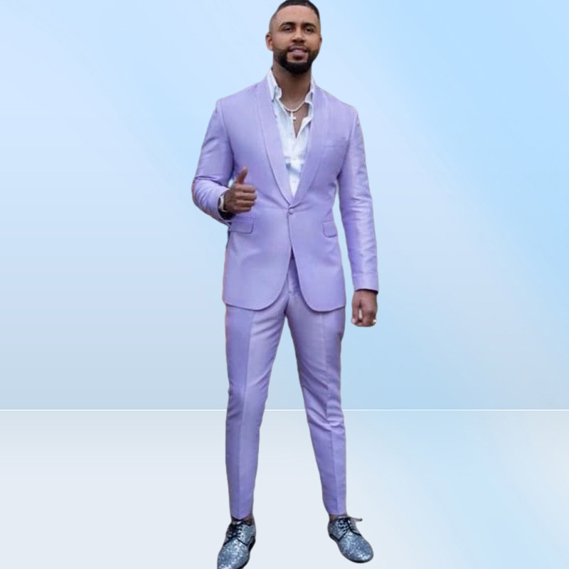 Lavender Men Suits 2 Piece Shawl Lapel One Button Fashion Prom Suits Slim Fit Blazer Jacket Tuxedos Groom Wedding Wear Coat P