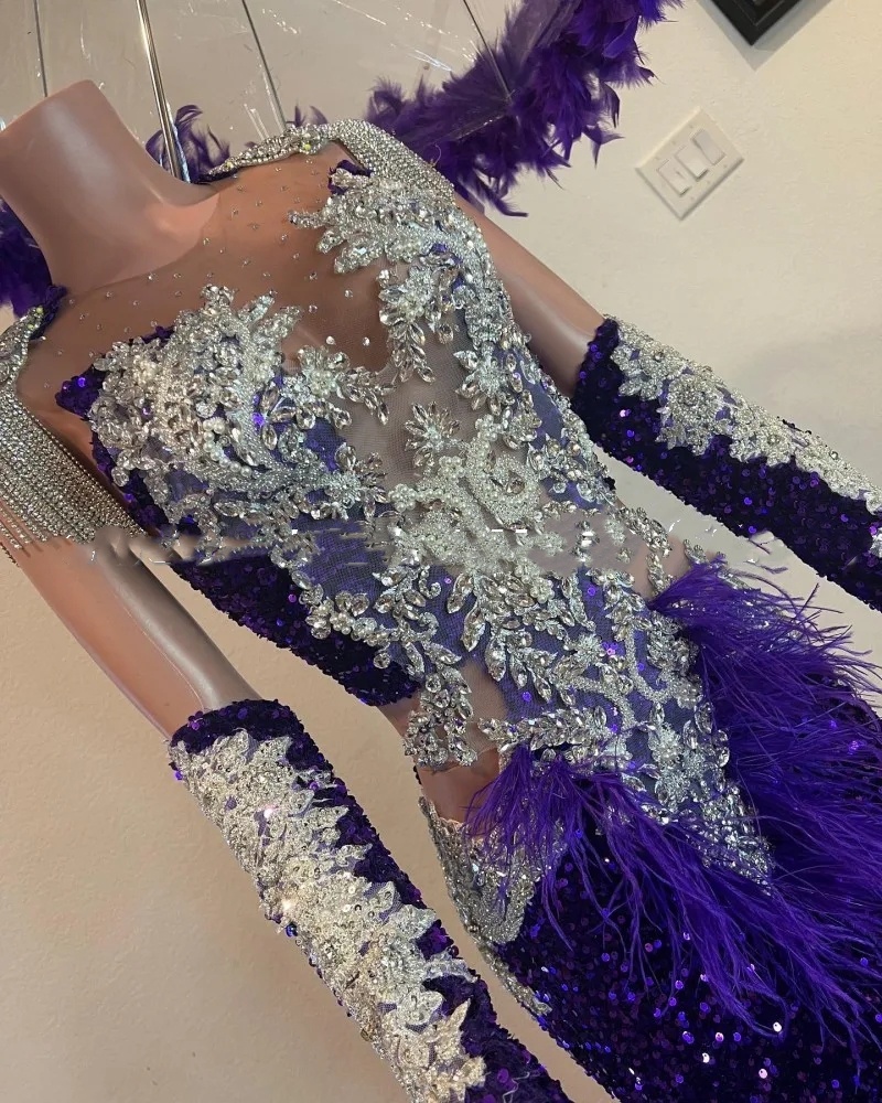 Purple Sexy Sequin Prom Dresses With Goes Rhie Feathers Party Gowns O Neck Evening Dress Robes De Soiree