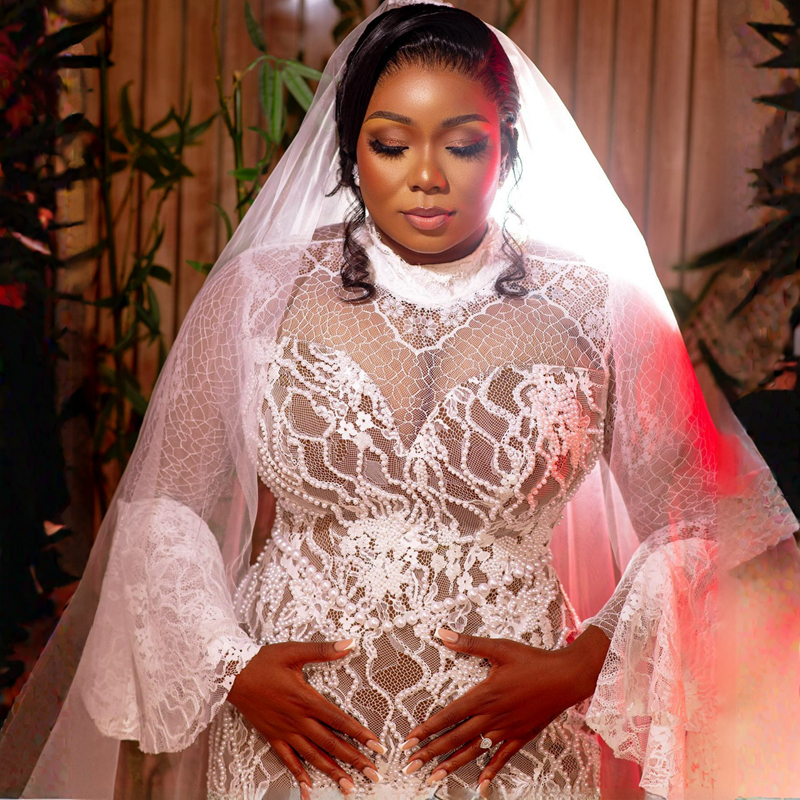 Mermaid Wedding Dress for Btide Plus Size Illusion Trumpet Bridal Dresses High Neck Long Sleeves Pearls Lace Mermaid Marriage Gowns for African Black 