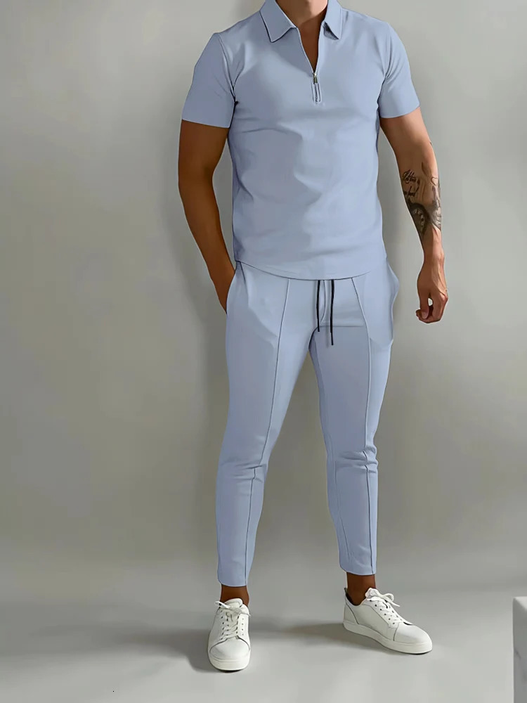 Solid Color Mens Short Sleeve Polo Shirt Suit Summer Casual Calf Streetwear Male Tracksuit Pants 2-piece Set 231226