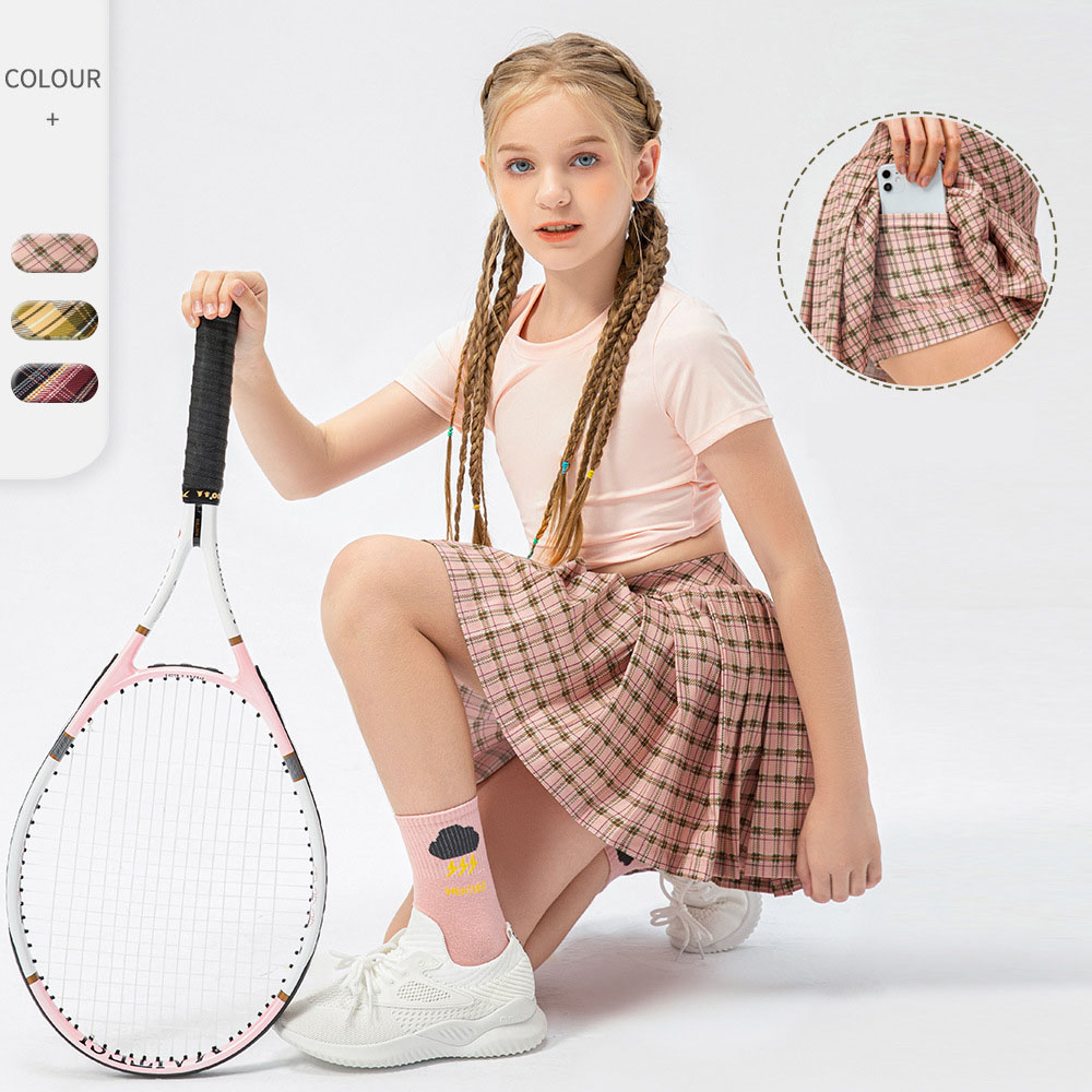 LU Children's Dress Tennis Skirt Grid Pleated Skirt Girls' Sports Short Skirt Dance Training Short Skirt Pants