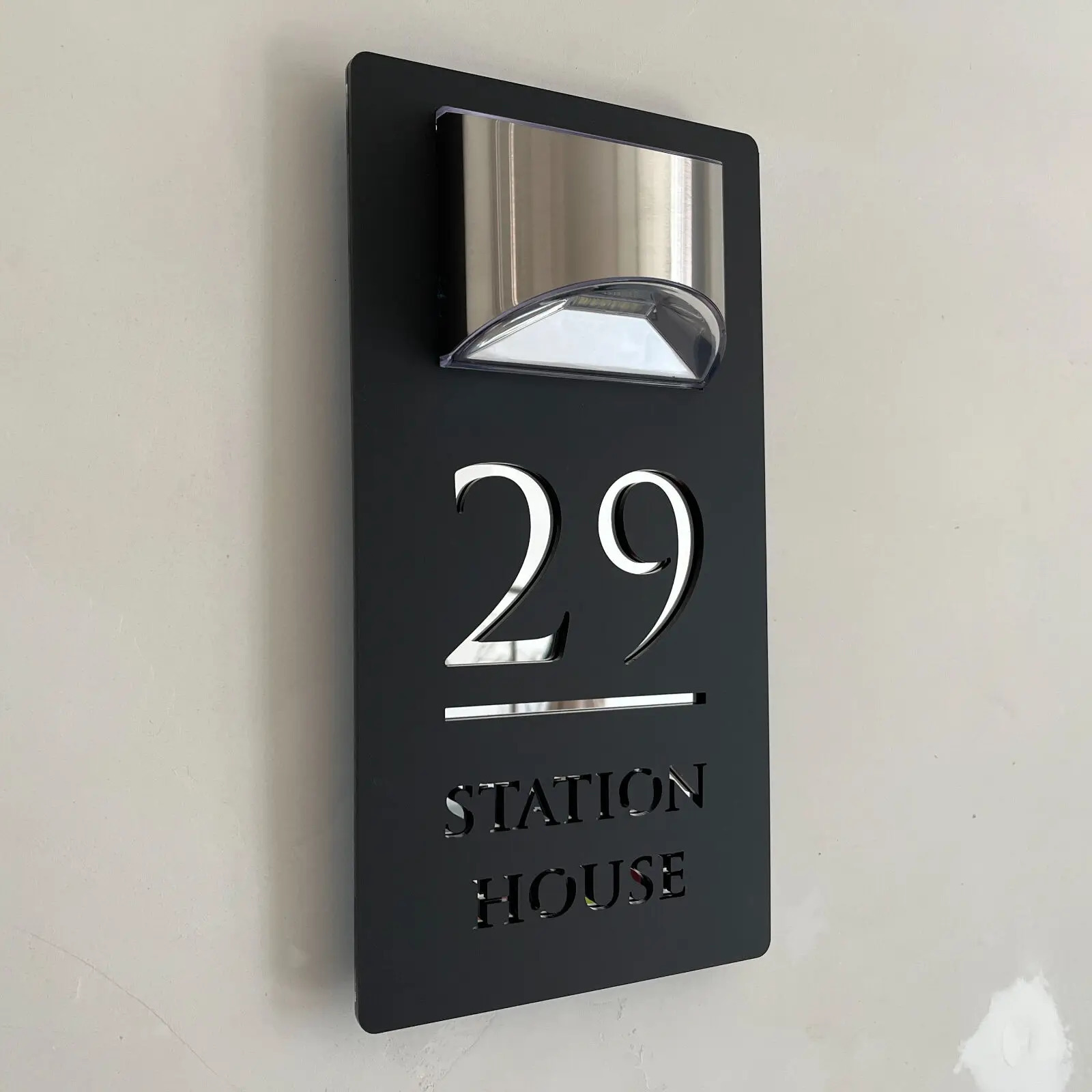 29cm Premium Solar House Sign LED Illuminated Laser Cut Contemporary Modern Door Number Plaque Matte Black White Mirror Silver 231226