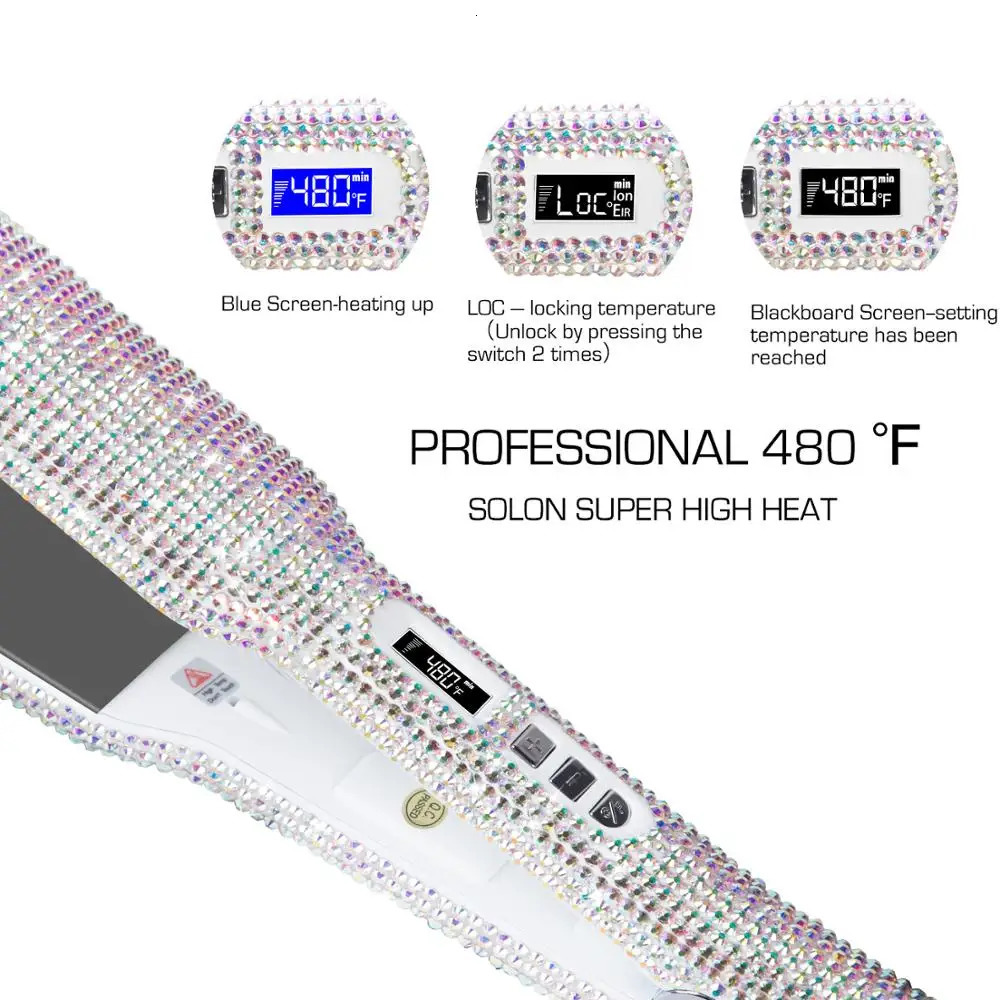 Rhinestone Flat Iron Hair Straightener Professional Dual Voltage Straightening Irons LCD Display 2 Inch Plate Irons 231227