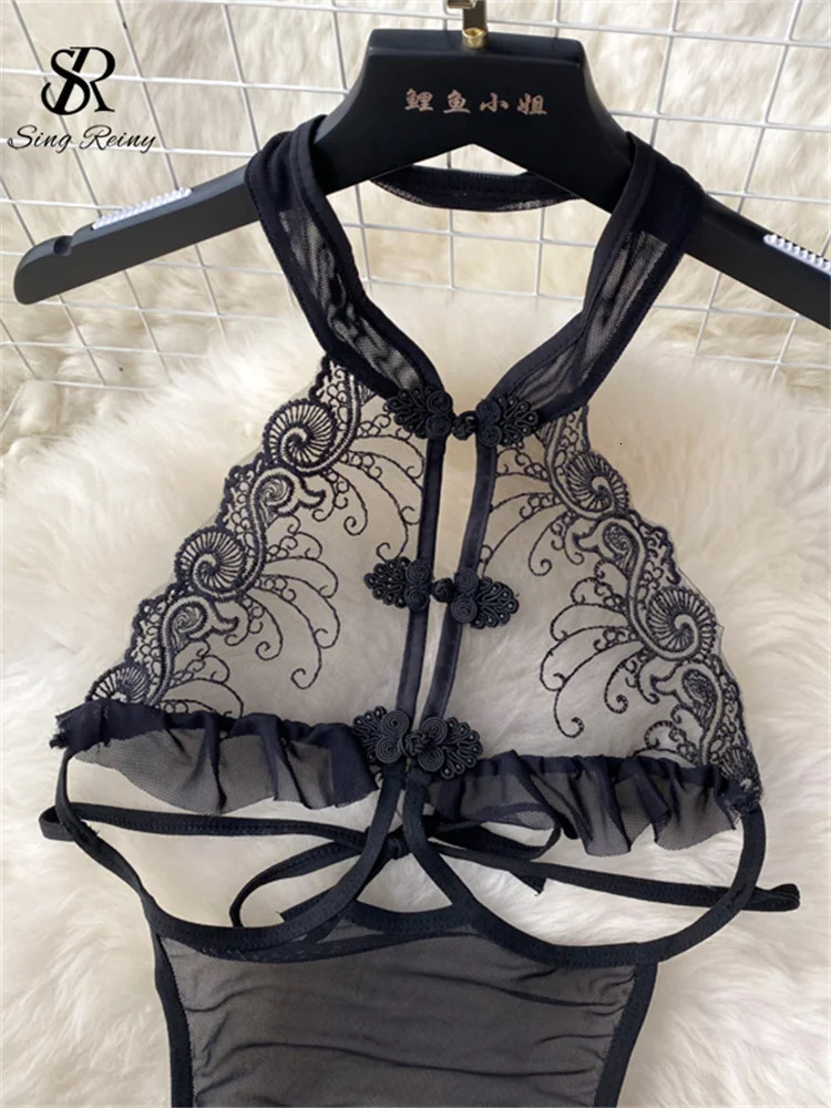 SINGREINY Female Sleevless Halter Playsuits Lace Sheer Open crotch Lingerie Rompers Women Erotic Hollow Out Sexy Bodysuits 231226