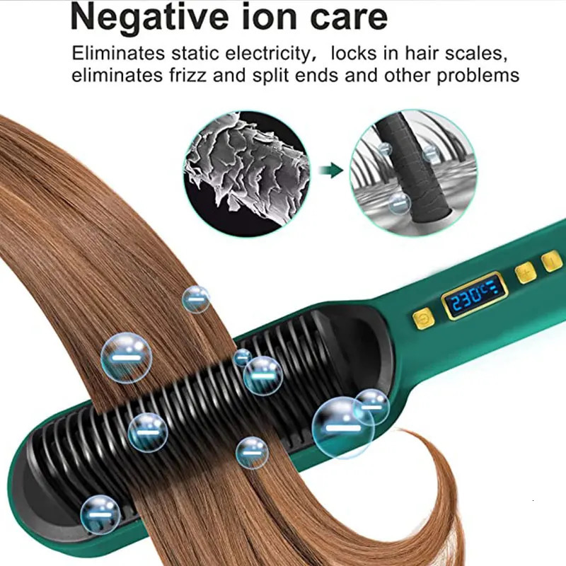 2 In 1 Electric Professional Negative Ion Hair Straightener Brush Curling Comb with Lcd Display Hair Curling Tool Straight Brush 231227