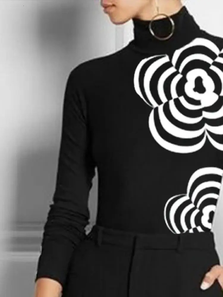 Yeezzi Women Fashion Flower Print High Neck Zipper Skinny T Shirts 2023 Spring Autumn Long Sleeves Casual Basic Black Tops 231227