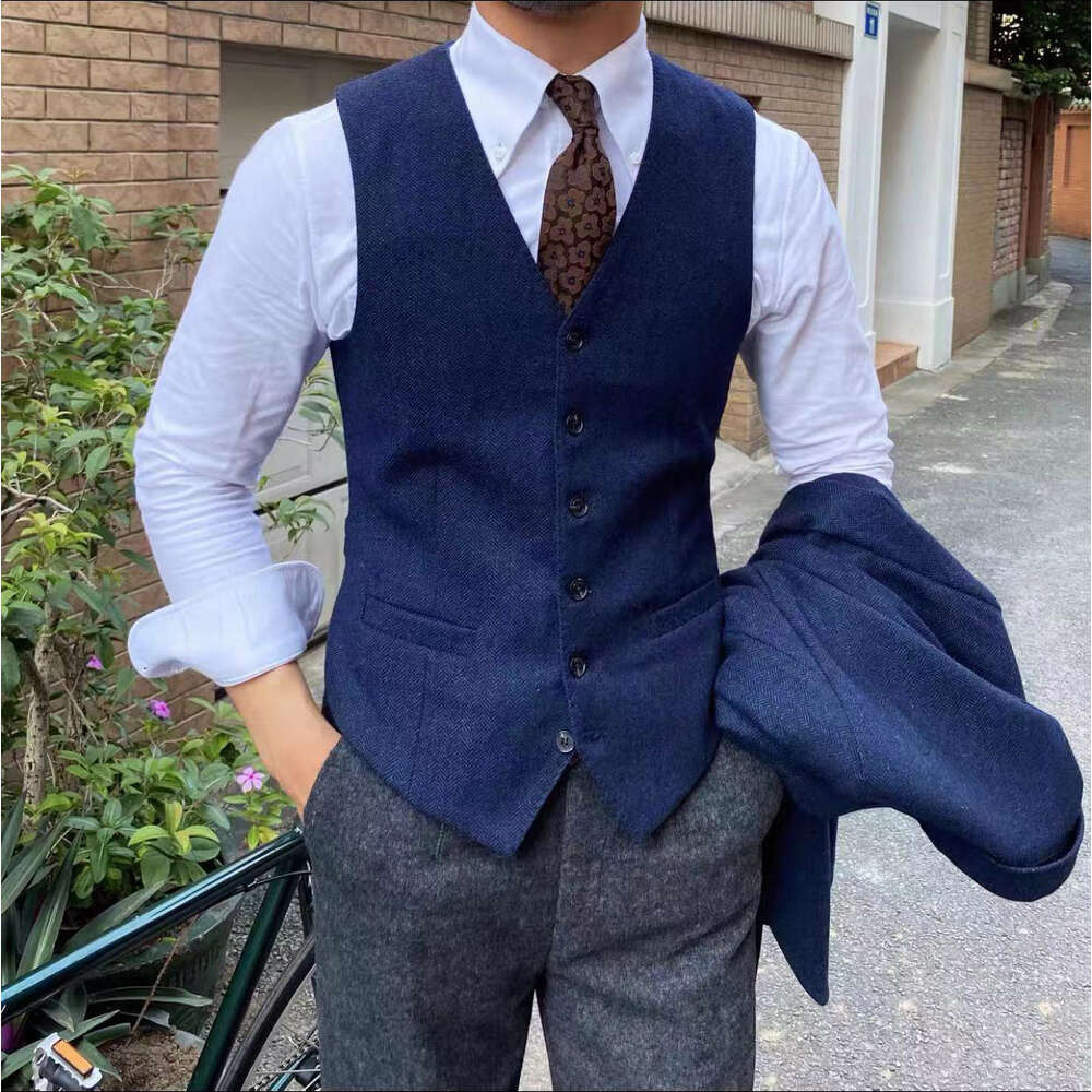 Herringbone V-neck Men's Business Slim Gentleman Casual Vest Formal Wedding Jacket