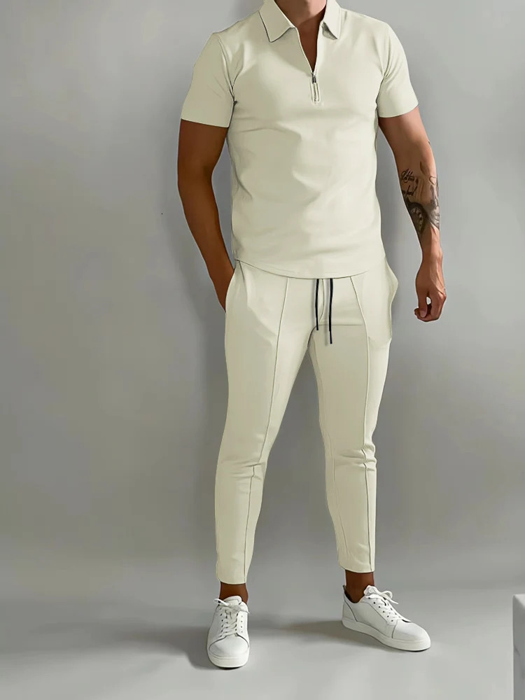 Solid Color Mens Short Sleeve Polo Shirt Suit Summer Casual Calf Streetwear Male Tracksuit Pants 2-piece Set 231226