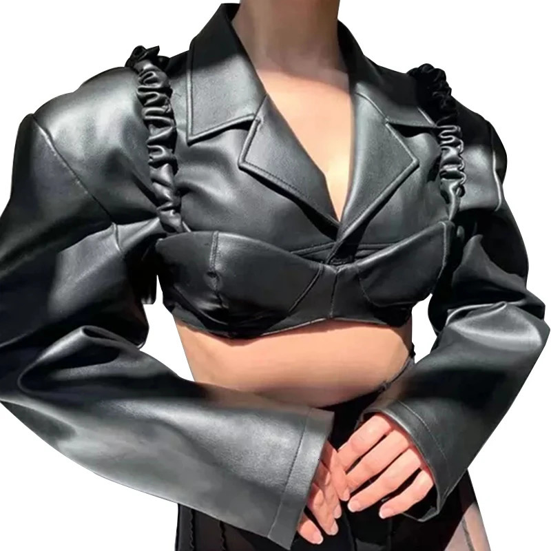 Lautaro Spring Autumn Short Black Light Faux Leather Jacket Women Long Sleeve Lapel Runway Stylish Sexy Fashion Cropped Top 231226