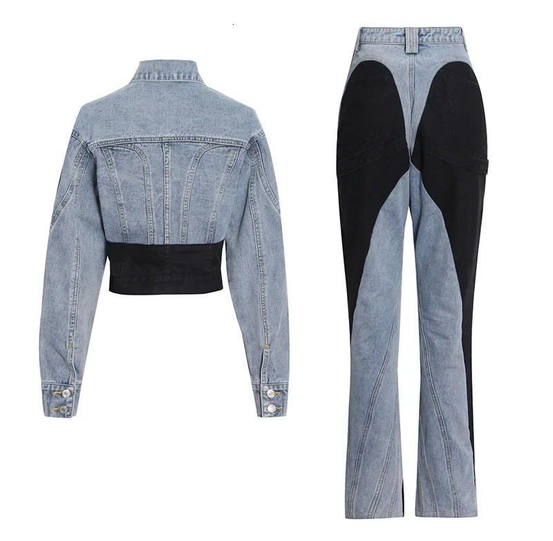 Korean Version Niche Style Two-Piece Set Black And White Patchwork Short Denim ShirtHigh Waisted Straight Leg Pants 231226