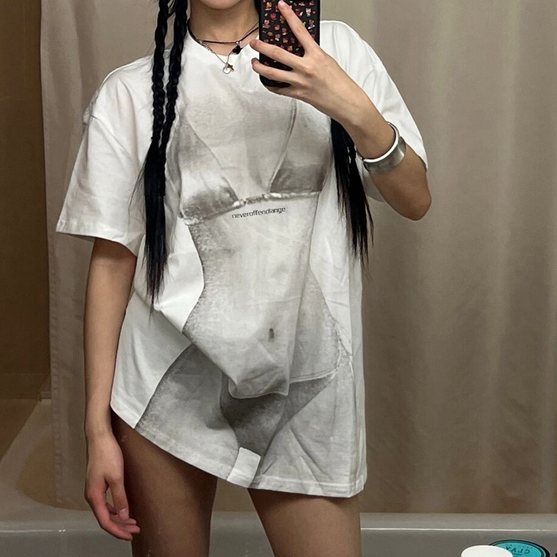 Women's T-Shirt Ladies Summer New Perspective Printed White T-shirt S M L H25215