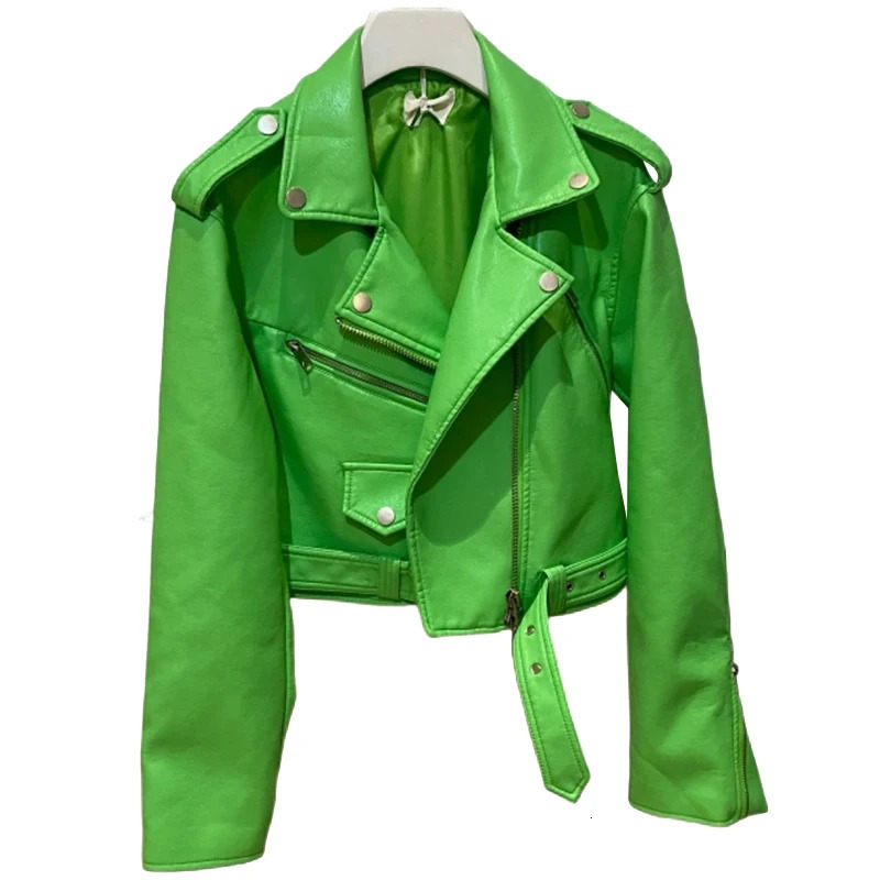 Lautaro Y2k Short Green Gecko Biker Leather Jacket Long Sleeve Zipper Belt Colored Stylish Outerwear for Women Fashion 231227