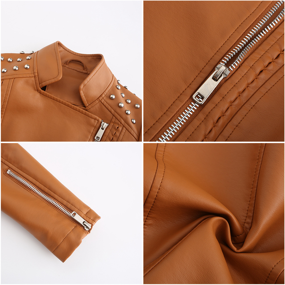 0C580M09 Women's Faux Leather Coats Spring and Autumn Jackets Slim Fit Thin Motorcycle Suit with DIY Accessories