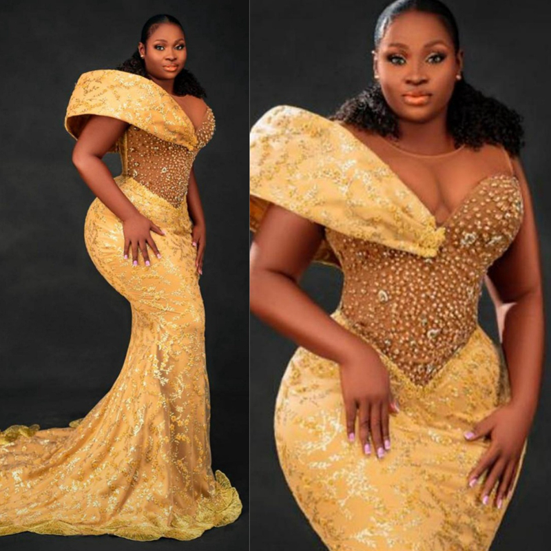 Plus Size Aso Ebi Prom For Special Ocns Gold Mermaid Sheer Neck Beaded Shine Evening Formal Dresses Birthday Party Gowns Engagement Gala Gown St712 66