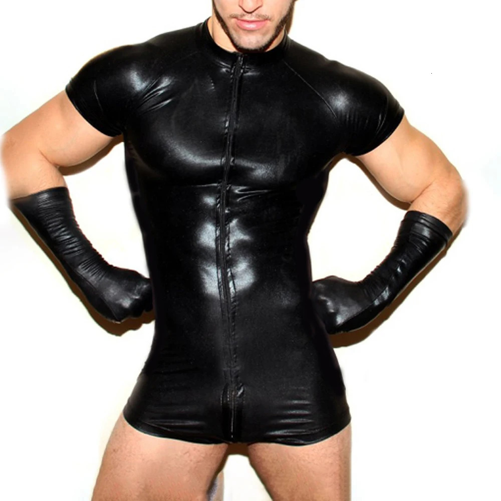 Mens Sexy Pu Leather Bodysuit With Zipper Panties Man Sexy Jumpsuit Bodysuit Clubwear Leotard Exotic Lingerie Gay Sexy Clubw 231226