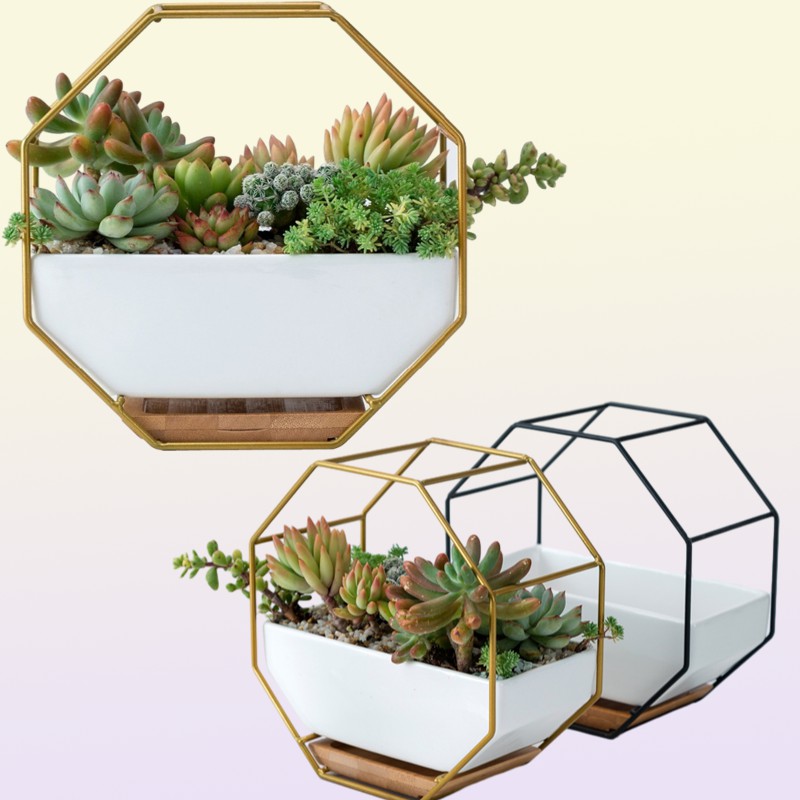 Hanging Succulent Flower Pots Ceramic Flowerpots Stand Holder Black Gold Iron Rack Bamboo Tray Desktop Geometric Cactus Planter Y2