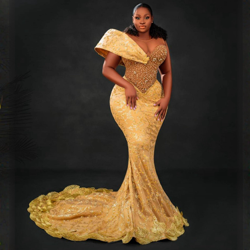 Plus Size Aso Ebi Prom For Special Ocns Gold Mermaid Sheer Neck Beaded Shine Evening Formal Dresses Birthday Party Gowns Engagement Gala Gown St712 66