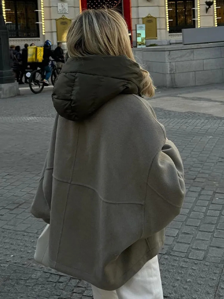 Oversized Zipper Hooded Jacket Women Fashion Thicken Patchwork Long Sleeved Coats Autumn Winter Loose Warm Street Outerwear
