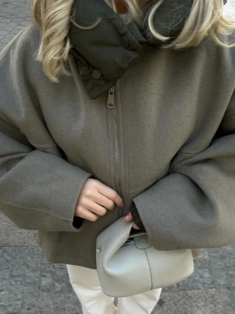 Oversized Zipper Hooded Jacket Women Fashion Thicken Patchwork Long Sleeved Coats Autumn Winter Loose Warm Street Outerwear
