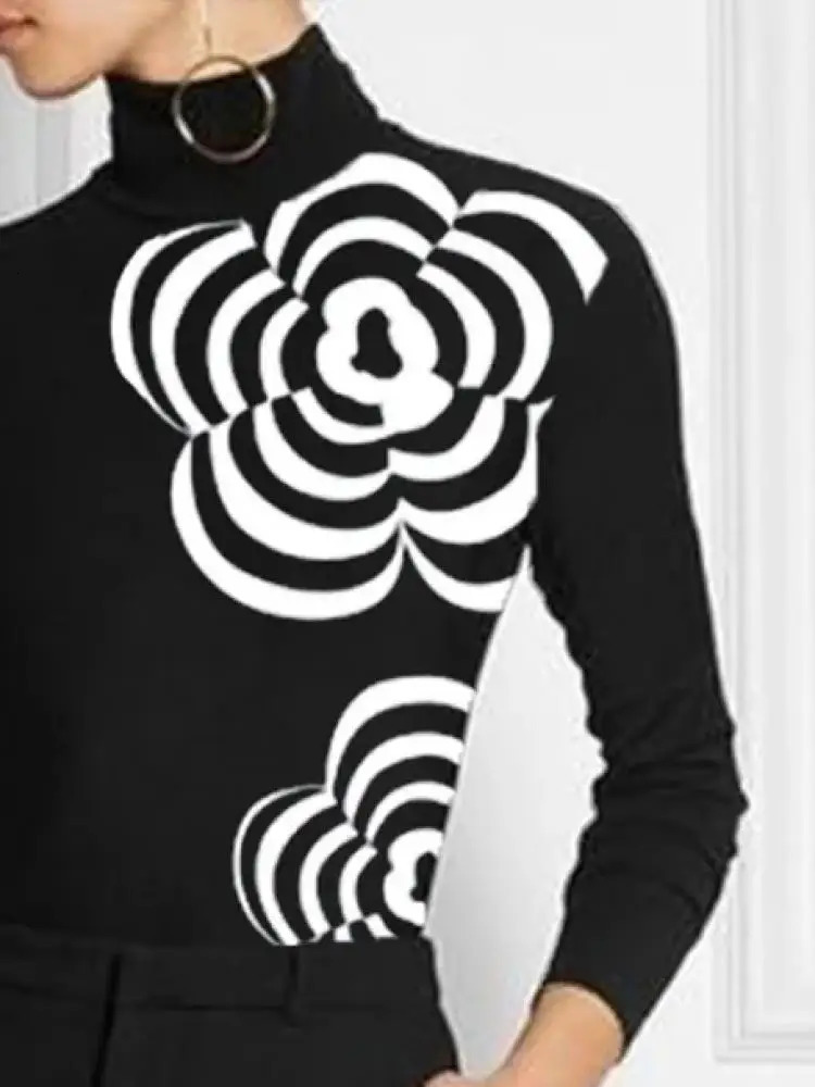 Yeezzi Women Fashion Flower Print High Neck Zipper Skinny T Shirts 2023 Spring Autumn Long Sleeves Casual Basic Black Tops 231227