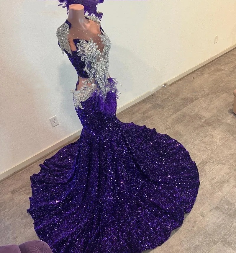 Purple Sexy Sequin Prom Dresses With Goes Rhie Feathers Party Gowns O Neck Evening Dress Robes De Soiree