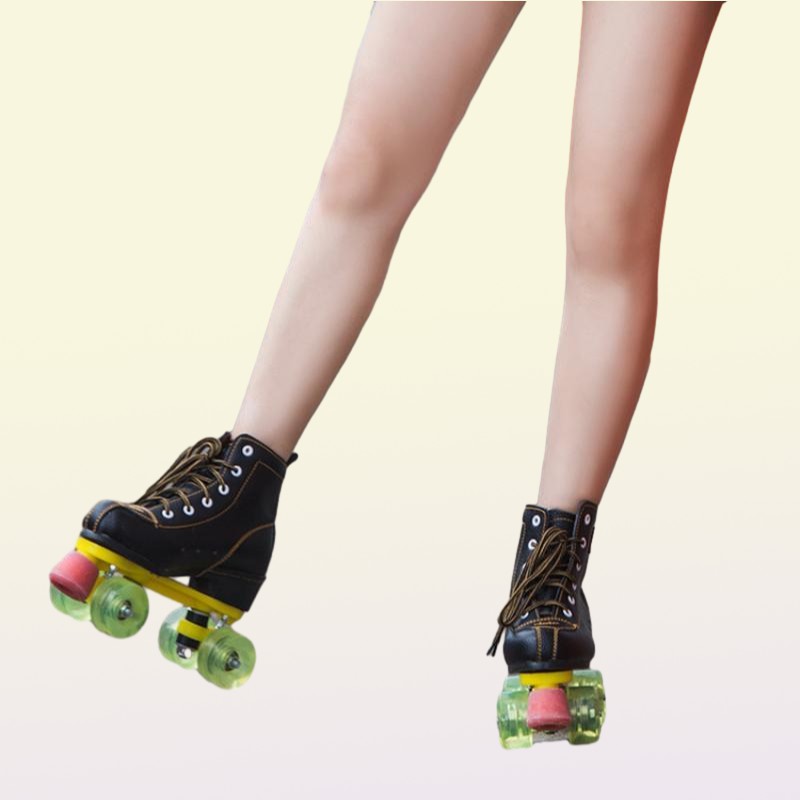 Leather Roller Skates Double Row Ladies Adult Two Rows 4 Rounds Shiny Shoes Inline