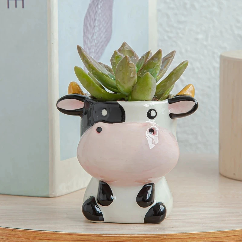 Nordic Style Ceramic Animal Flower Pot Cartoon Zebra Sheep Cow Head Mini Succulents Plants Bonsai Pots Home Decoration 231227