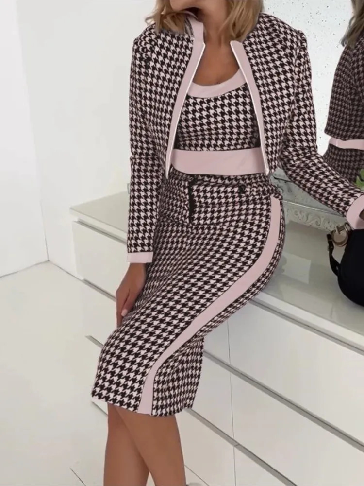 Spring Autumn Jacket Camis Dress Set Office Lady Long Sleeve Outerwear Print Three Piece Women Outfit 2023 231228