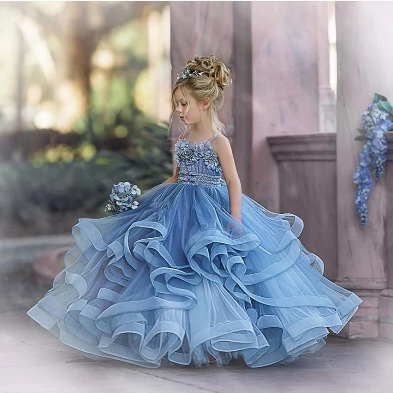 Dusty Blue Spaghetti Cute Girls Pageant Dresses With 3D Floral Appliques Tiered Ruffle Kids Formal Wear Wedding Party Flower Girl Dress Long First Com
