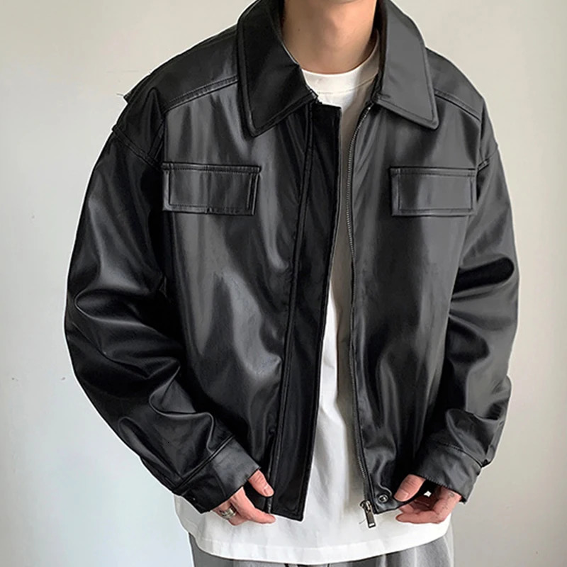 2023 Men's Casual Texture PU Leather Jacket High Street Zippers Turndown Collar Long Sleeve Retro Coat with Pocket Autumn 231227