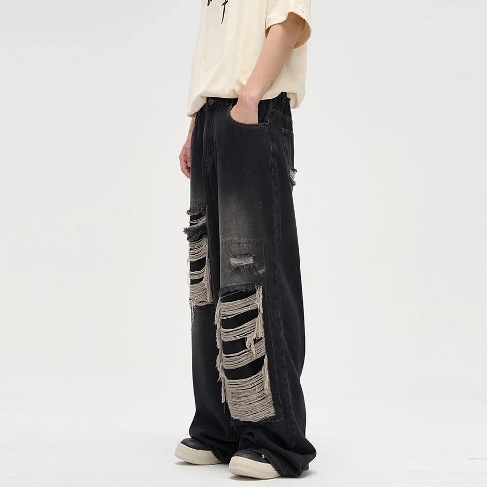 Men's Ripped Black Jeans Harajuku Wide Leg Pants Denim Baggy Y2K Cargo Streetwear Koean Style Clothes Gothic 231227