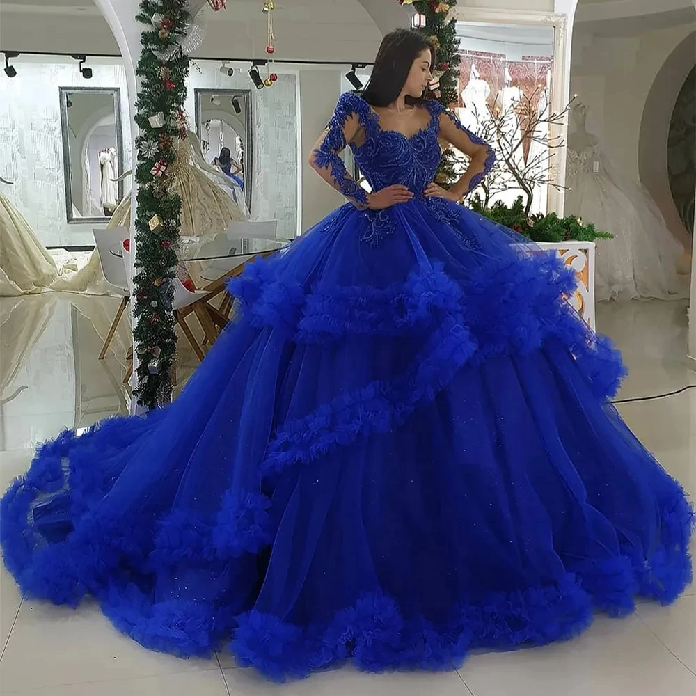 Princess Quinceanera Blue Royal Dresses Ruffles Tiered Long Sleeves Beading Lace Appliques Ball Gown Prom Special Ocn Dress For Sweet Birthday Party 6