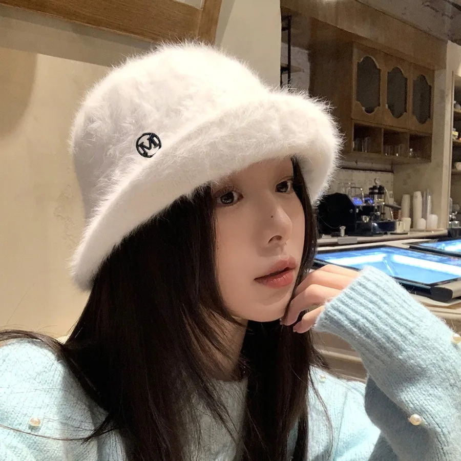 Korean Fashion Rabbit Fur Bucket Hat Autumn Winter Female Actress Elegant Round Top Plush Fisherman Hat Warm Sweet Fedora Hat 231228
