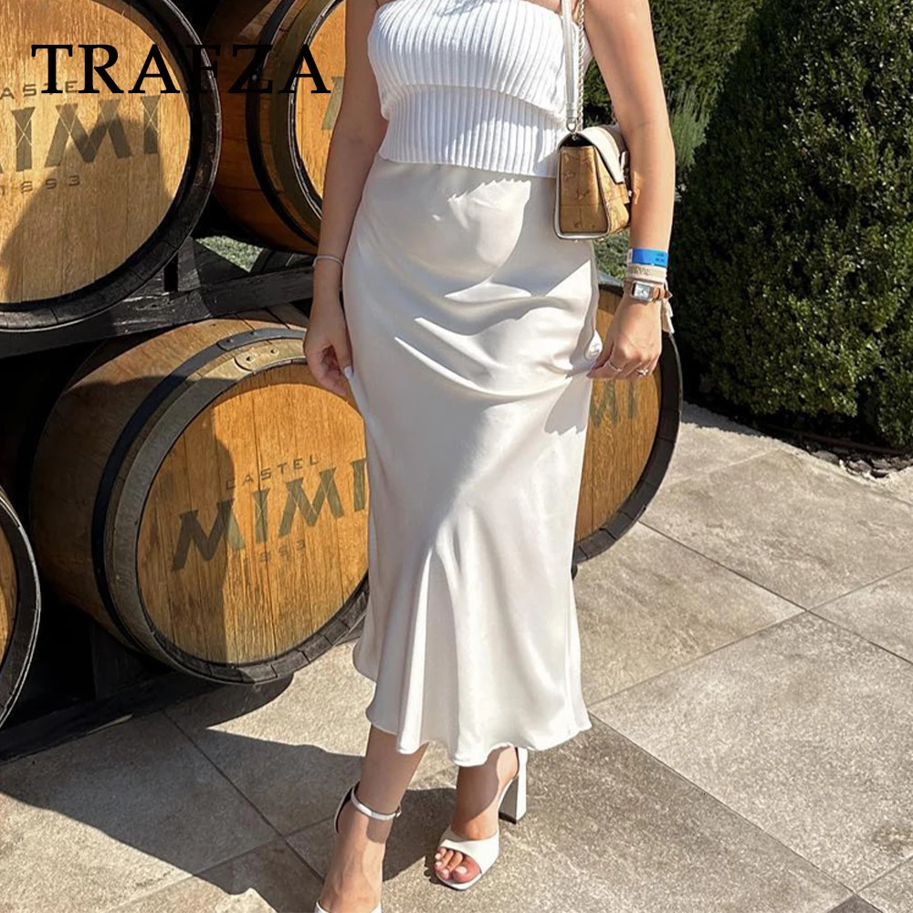 TRAFZA 2024 Women Fashion Skirts Solid Satin Silk Texture Tight Midi Skirt Woman Party Chic Elegant Mermaid 231228
