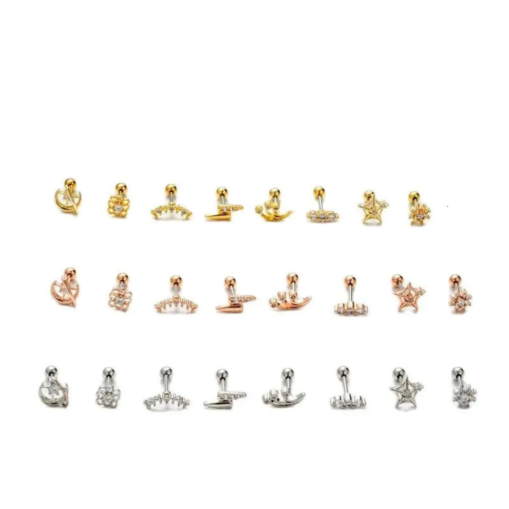 Surgical Stainless Steel Ball Screw Studs Earring Ear Ring New Thin Rod Double Screw Cubic Zirconia Small Flower Studs Cartilage Piercing Body Jewelry