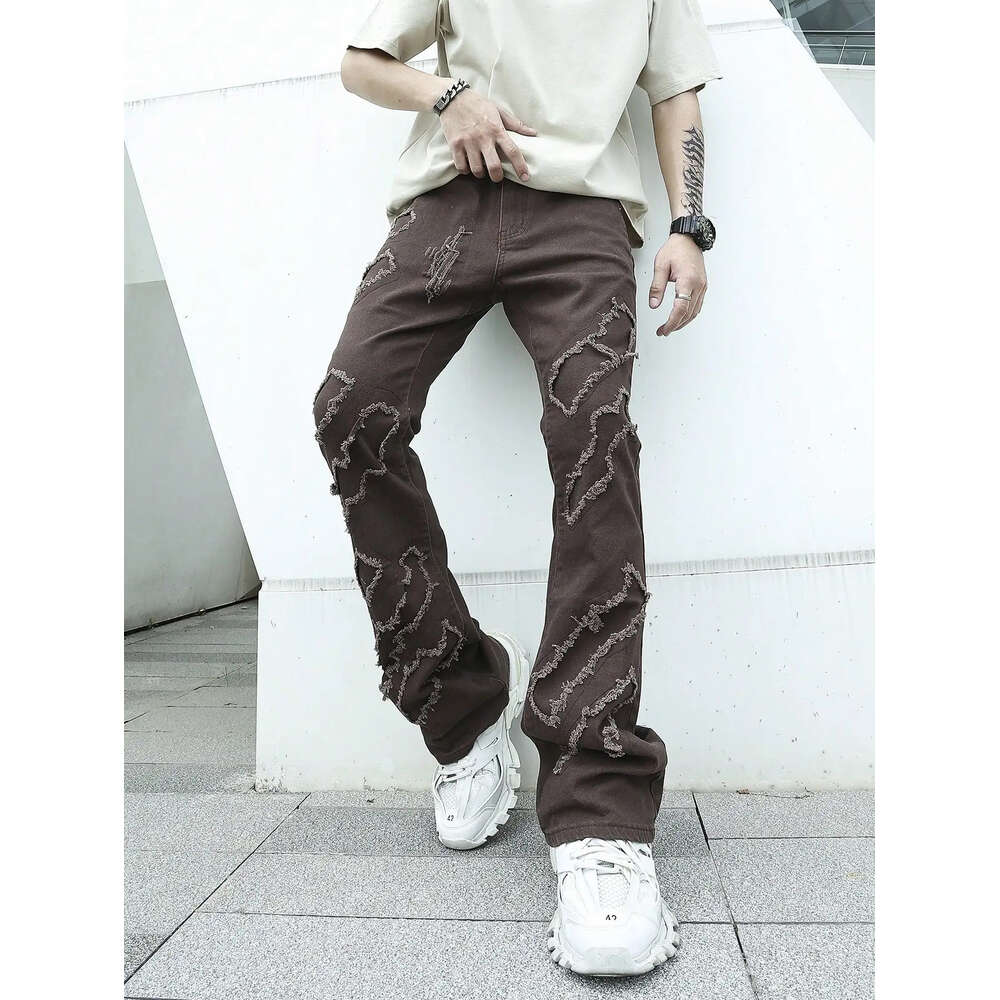 Bell-bottom Jeans Fashion Vintage Frayed Patchwork Color Block Denim Pants Men Casual Trousers Ripped Bottoms