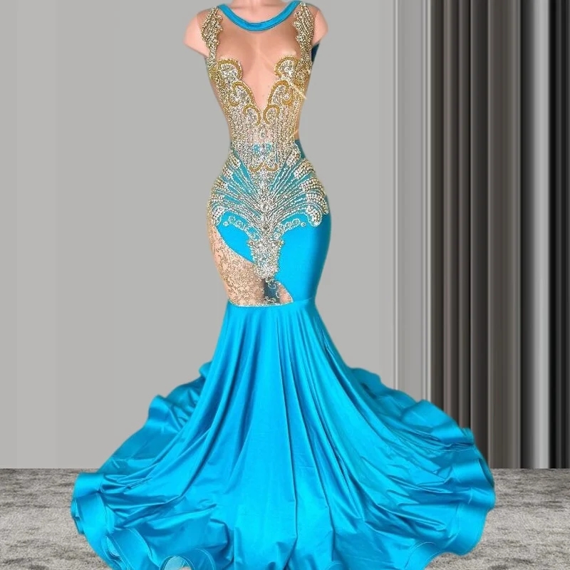 Plus Mermaid Elegant Blue Size Prom Dresses 2024 Sexy Sheer Neck Ruffles Beaded Evening Birthday Party Gown Robe De Soiree